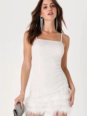 Lulu's White Sequin Feather Mini Dress